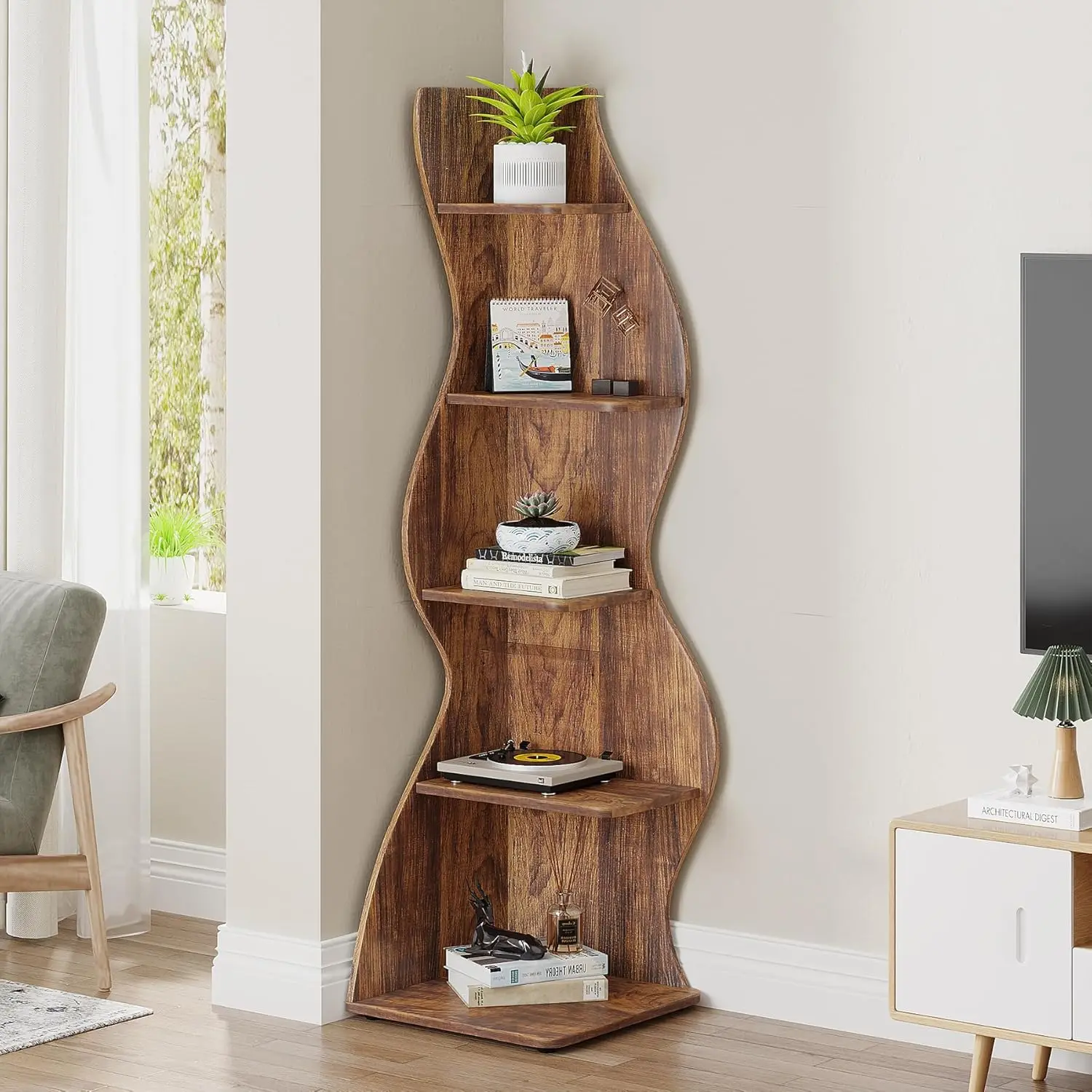 Corner Shelf, Rustic 5-Tier Wall Corner Bookshelf, Stylish Corner Small Bookcase Storage Rack Plant Stand with Unique