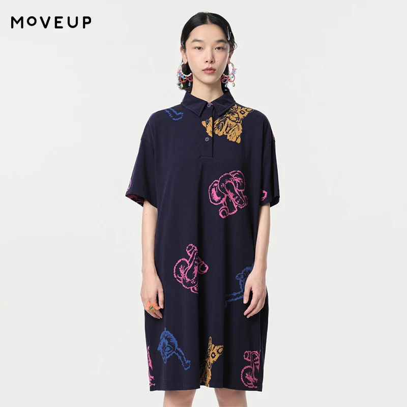 

MOVEUP Short Sleeved Polo Collar Dress 2026 Spring New Pure Cotton Fun Contrast Animal Print Commuter Knitted Dress 324111328