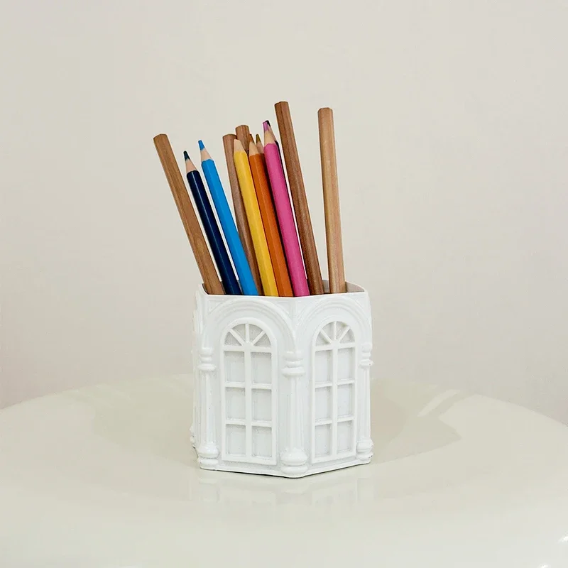 펜 홀더 레트로 로마 스타일 사이드 하우스 릴리프 펜 홀더 사무실/학교 문구 다기능 수납 학생 책상 장식