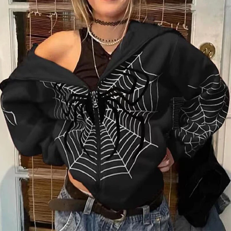 Y2k Hoodie Spider Web Printed Goth Black Hoodie Sweatshirt Zipper Streetwear Oversized Jacket Men And Women Hoodie Interesting