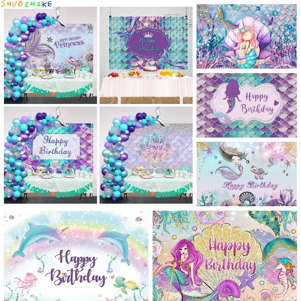 

Mermaid Princess Backdrops Photography Baby Girl Birthday Glitters Mermaid Tail Photocall Seabed Shell Backgrounds Custom