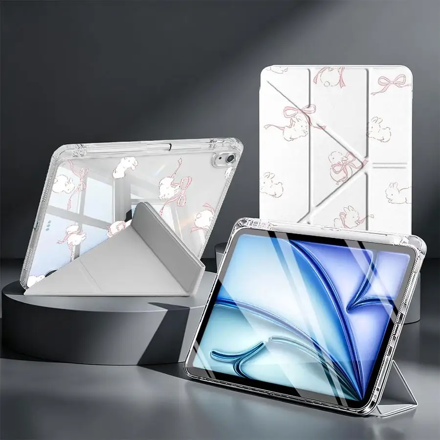 Pink Bow And Rabbit With Pen Slot Cover Tablet Case For iPad 12th 9th 10th Gen Pro 13 2025 2026 Air 8 M2 M3 3 11th Mini 7 6 5