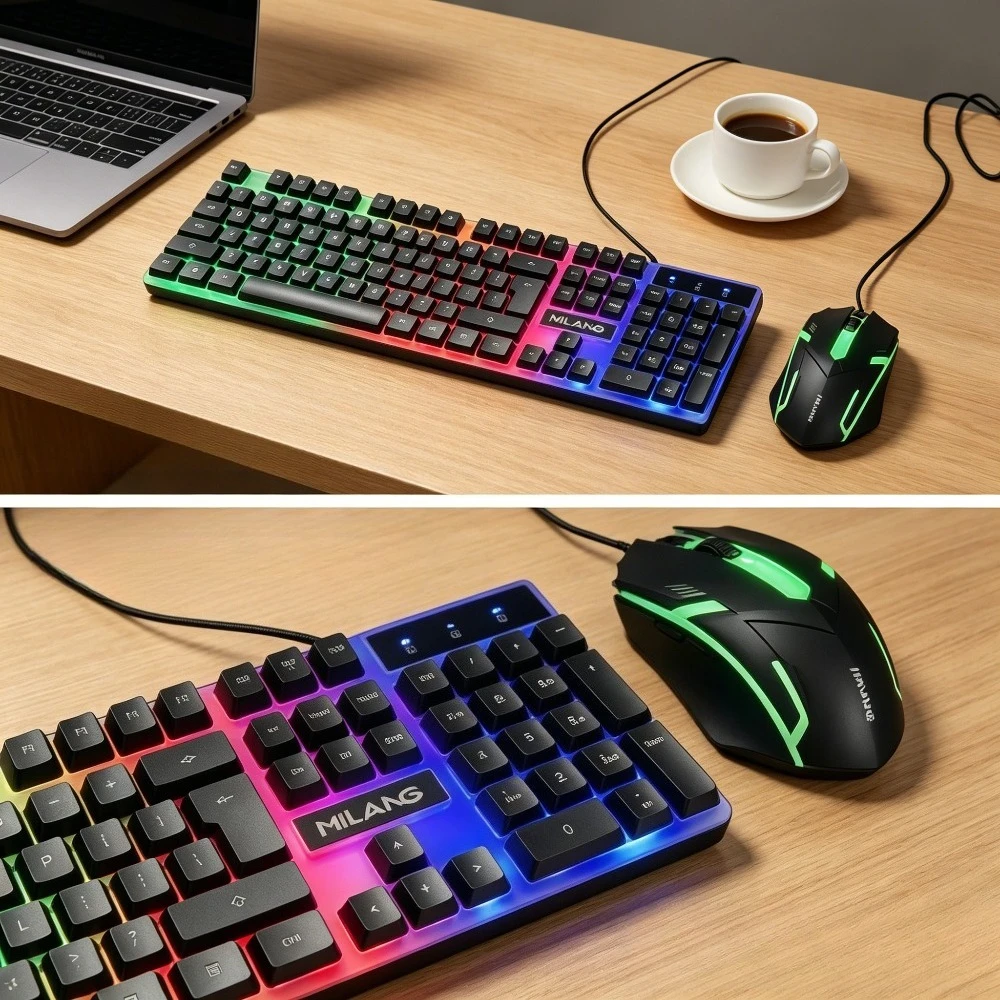 Rainbow backlit wired gaming keyboard and mouse set, plug and play wired keyboard and mouse combination, suitable for indoor leisure, e-sports and office peripherals of desktop and laptop computers view 7