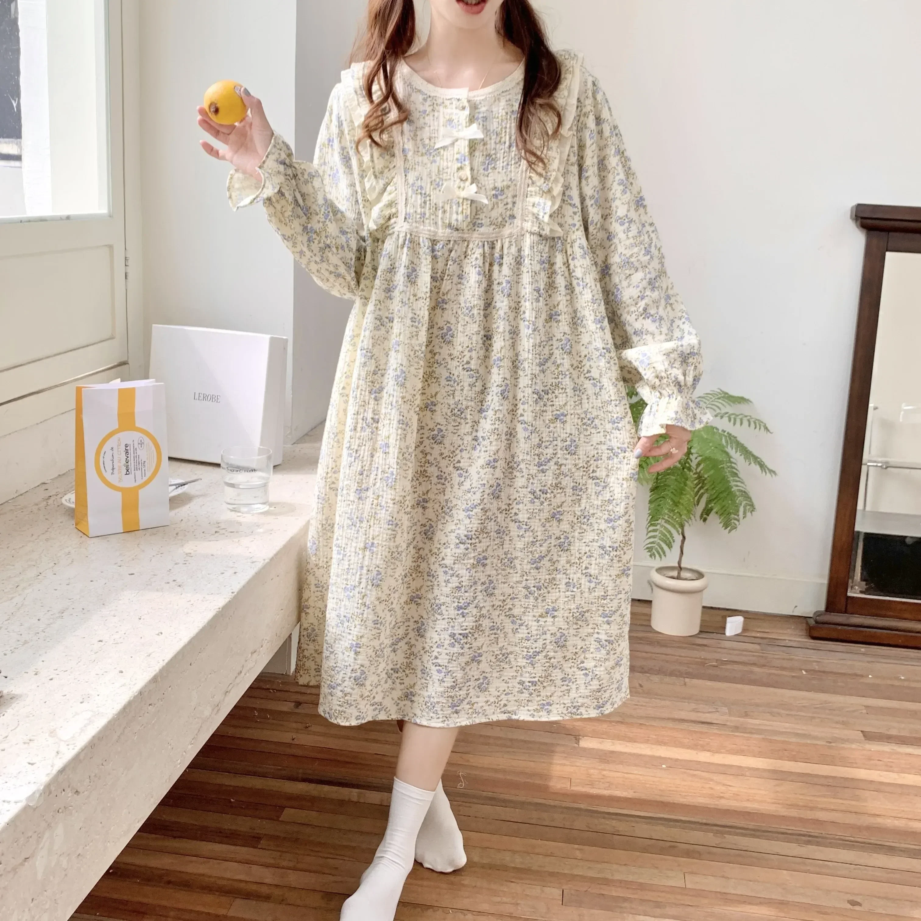 

Nightgown Korean Breathable Floral Sleepdress Cotton Loose Double Print Women Gauze Long Nightdress Sleeve Winter Layer