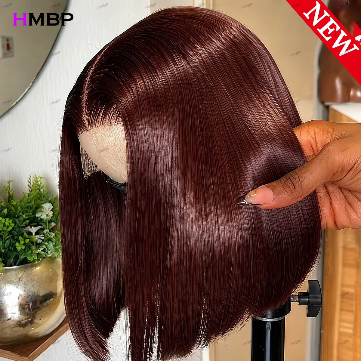 # Perruque Bob Lisse Auburn Foncé 33, Densité 350, Sans Colle, Prête à Porter, Perruque Frontale en Dentelle HD 360 Pré-Pluckée en Cheveux Humains pour Femme, Usage Quotidien