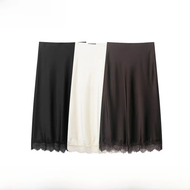 

Модная женская юбка миди из шелкового атласа с кружевной отделкой, новинка весна-лето, А-силуэт, свободный крой, из полиэфирного волокна