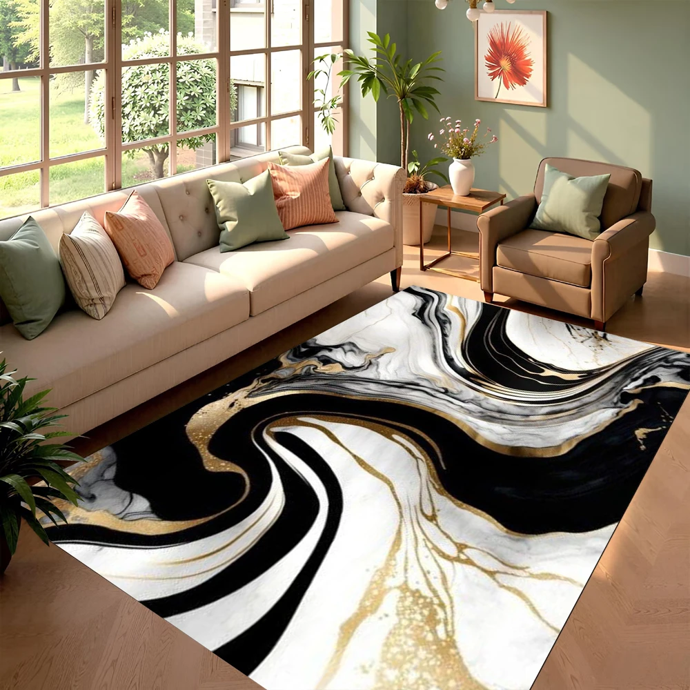 Black White and Gold Marble Area Rugs, Abstract Modern Art Floor Rug Non-Slip Non-Shedding Throw Carpet for Bedroom Living Room