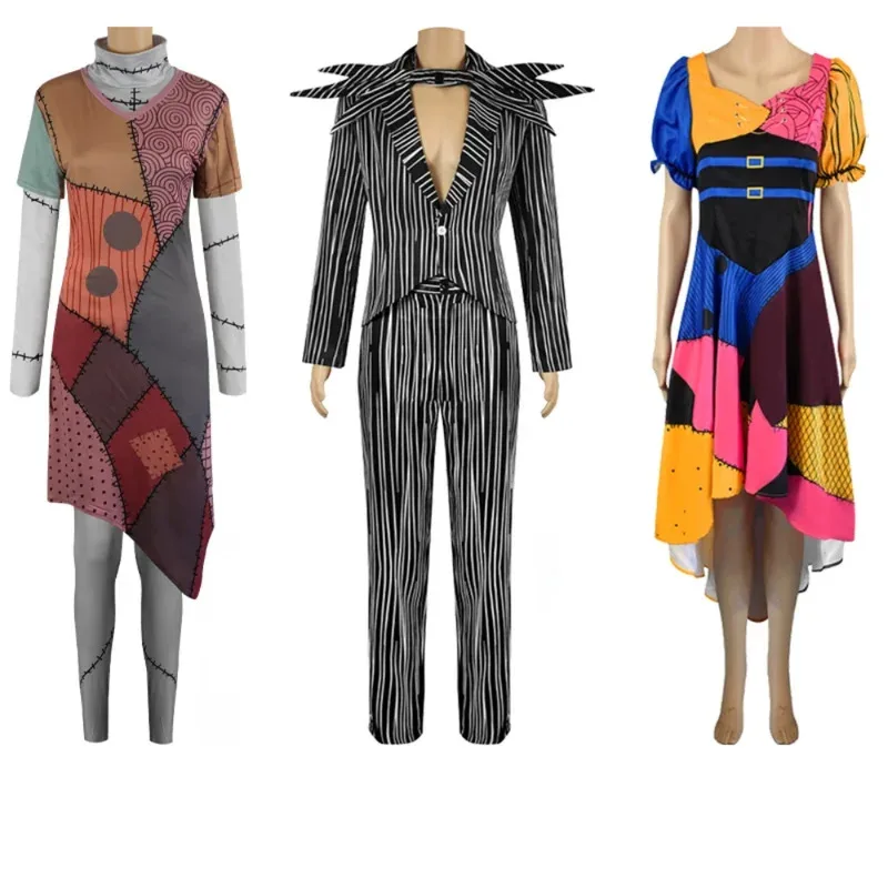 Pesadilla Navidad Sally Ack Skellington Cosplay vestido disfraz de caballo falda de princesa mujeres hombres ropa gótica fiesta de Halloween