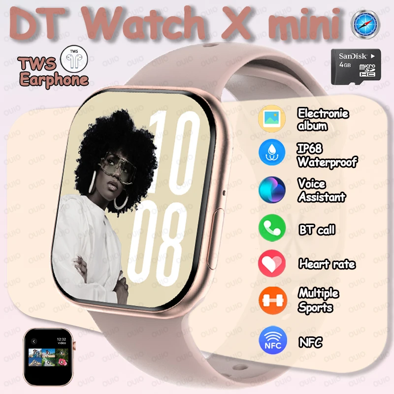 

Для IOS DT Watch X Mini Женские умные часы 1,85-дюймовый большой экран NFC TWS Наушники Электронный альбом 3D-меню AI Voice Smartwatch