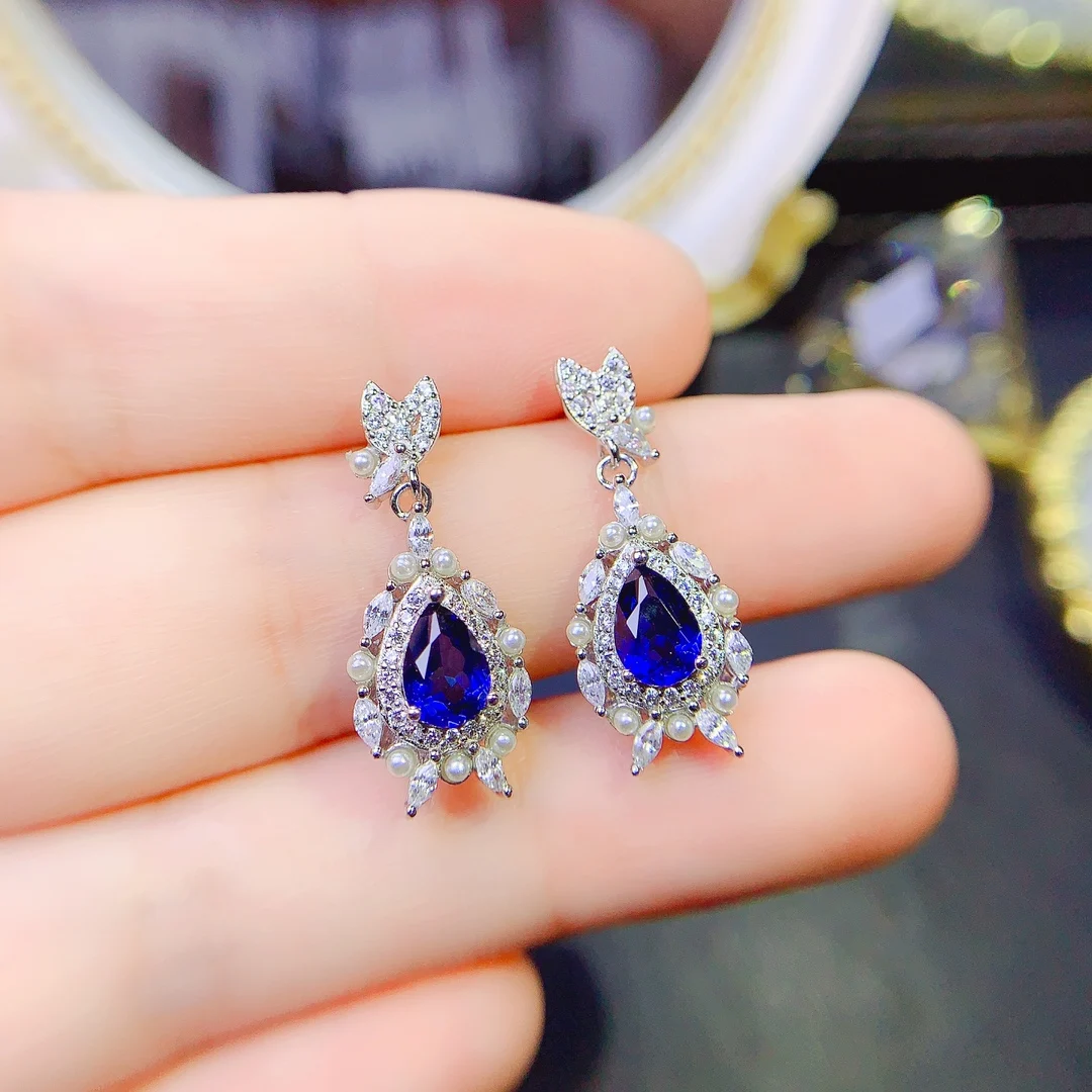 

FS S925 Sterling Silver 5*7mm Natural Sapphire Luxury Earrings for Women Fine Fashion Charm Weddings Jewelry Certificate MeiBaPJ