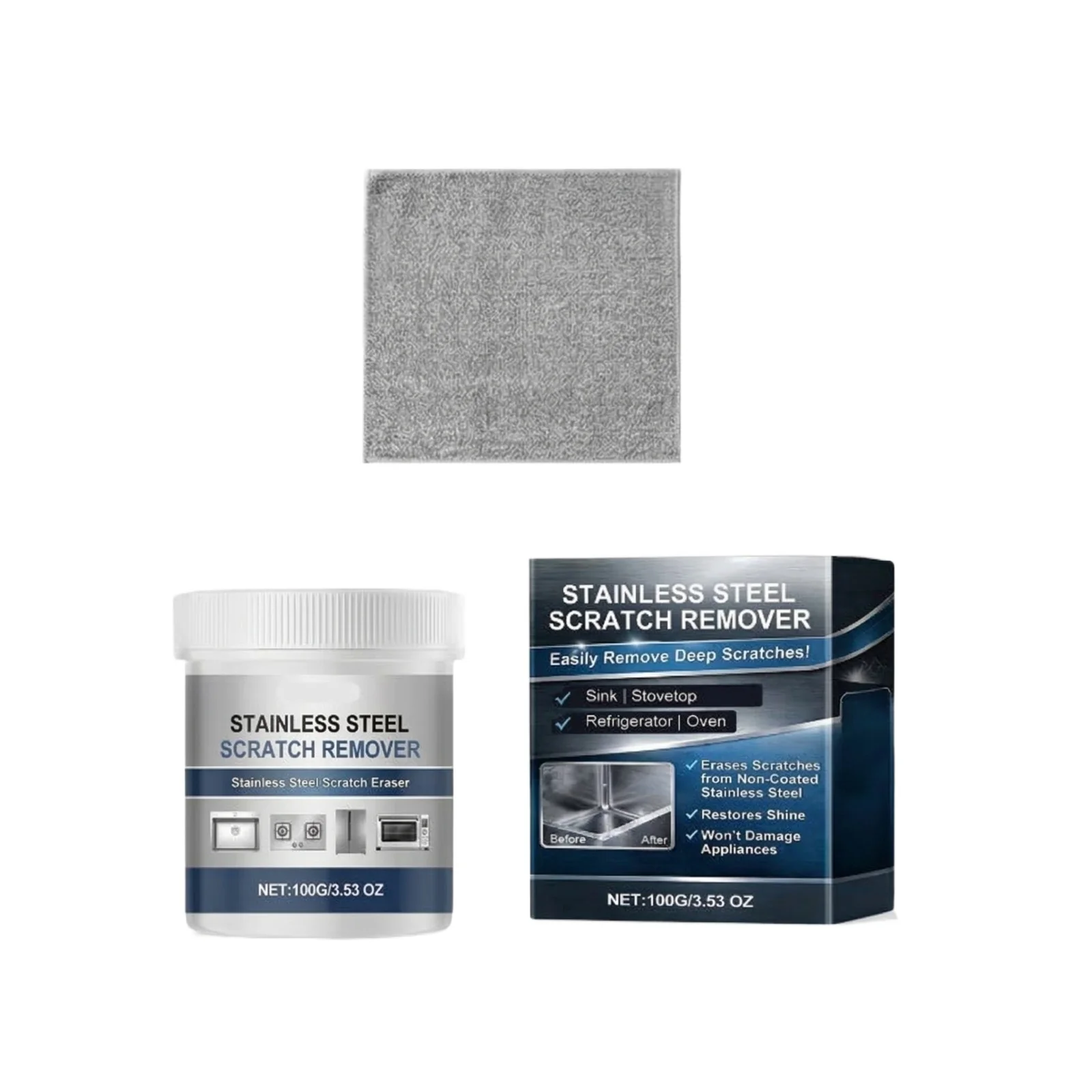 100g Stainless Steel Scratch Remover with Towel, Metal Cookware Stain Cleaner, Oven Polishing Mental Scratch Rust Remover