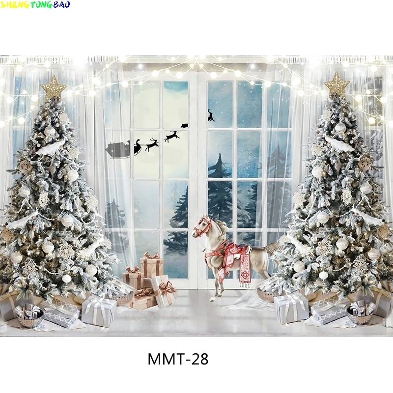 

Vinyl Custom Christmas Tree Flower Wreath Wooden Gift Photography Backdrop Window Snowman Cinema New Year Background Prop HH-110