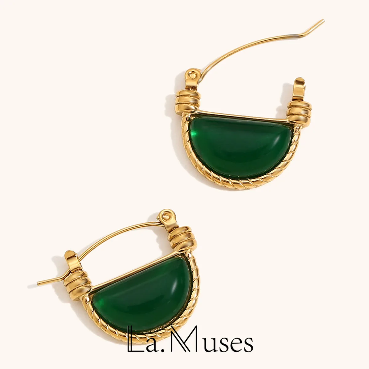 La. Muses Vintage Half Round Green White Agate Stainless steel Hoop Earrings For Women Waterproof Jewelry Gifts And Accessories