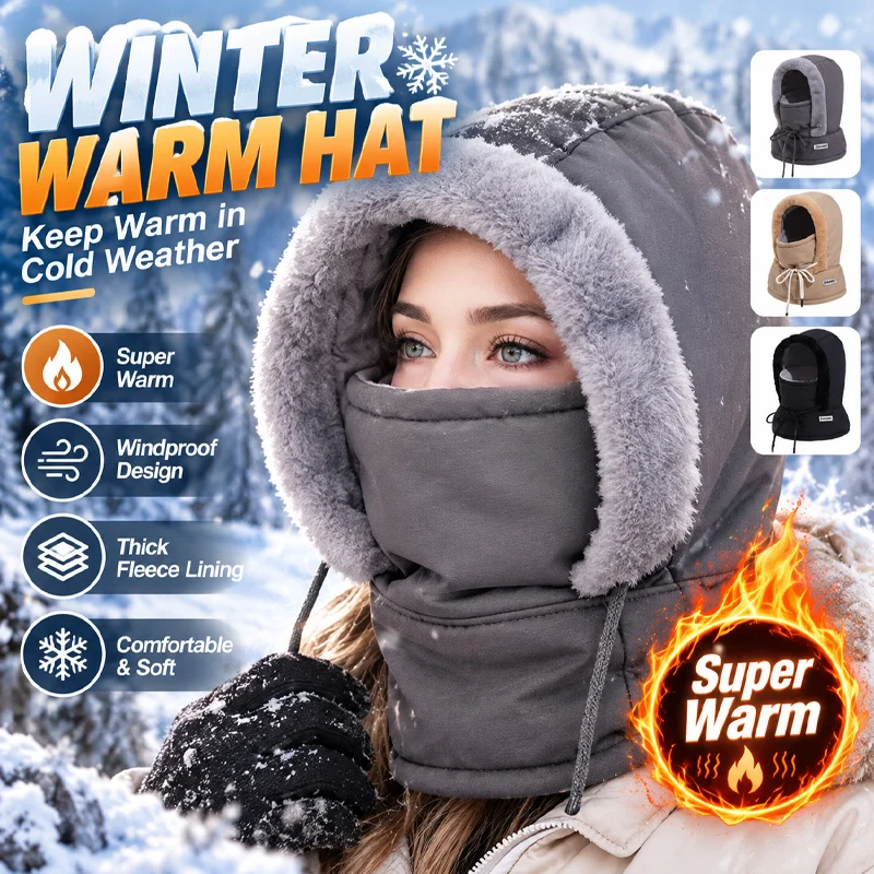 Outdoor Winter Thick Padded One-Piece Hat Set with Full Face Windproof Hood Unisex Warm Cozy Skiing Snowboarding Cold Weather
