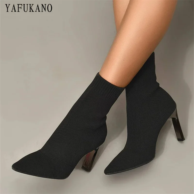 Minimalist Knit Design Chunky Sock Boots Metal Blade Heels Women Stretch Fabric Elastic Pointed Toe Ankle Boots Plus Size 34-41