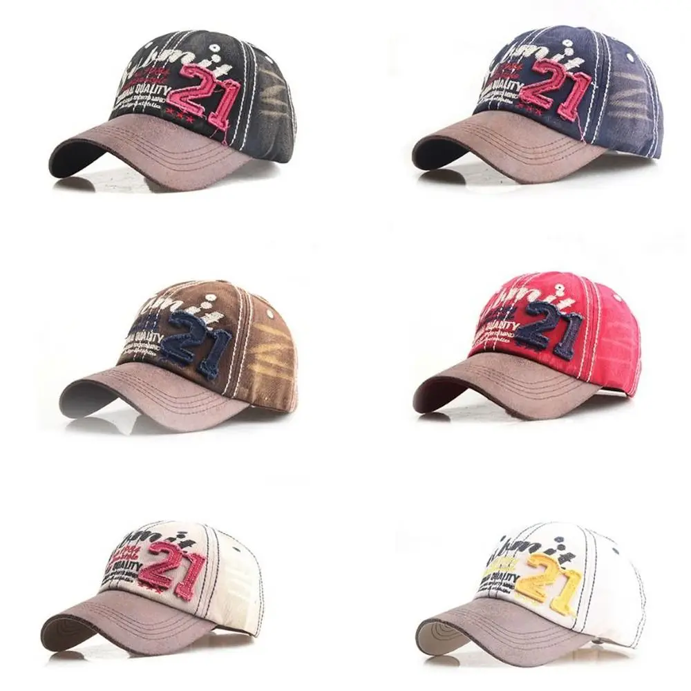 

Adjustable Vintage Baseball Cap 21 Embroidery Cotton Tattered Jeans Sun Hat Sunscreen American Style Peaked Cap Men