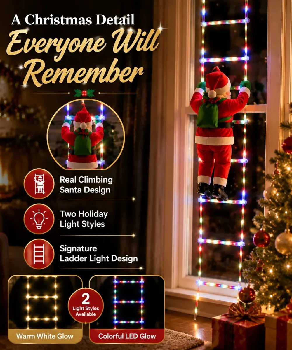 Christmas Home Decoration LED Lights Santa Claus Climbing Ladder Lamp for Outdoor Eaves Xmas New Year's Garlands Party Ornament