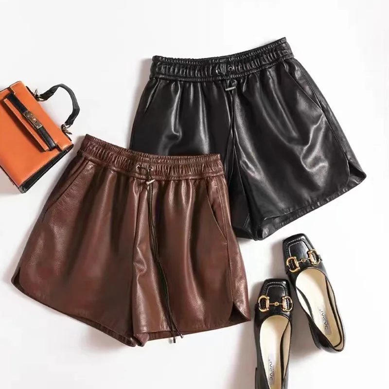 Casual Goatskin Shorts For Women Italian Fashion Wide Leg Slim Drawstring Genuine Leather Pants Mujer Black Pantalones Cortos