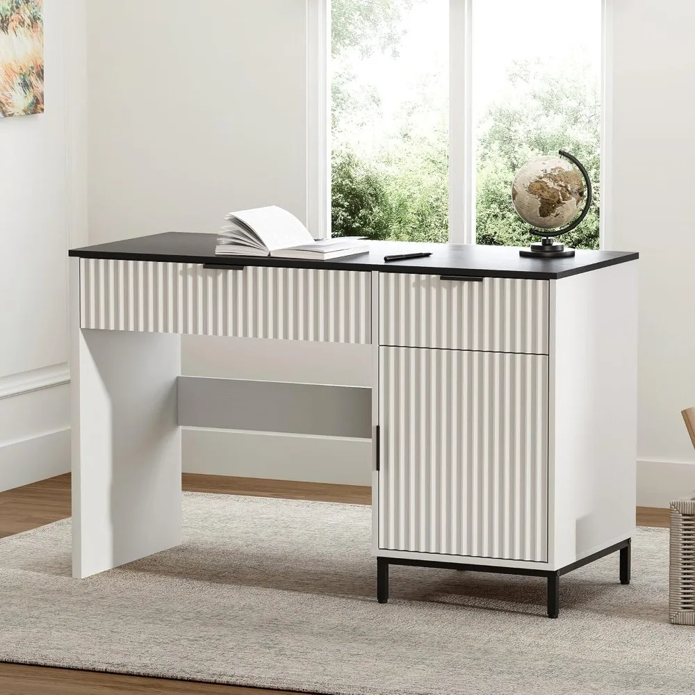 

47" Fluted Executive Desk, Modern Wood Home Office Desk with Charging Station, Professional Workstation w/ USB Ports & File Draw