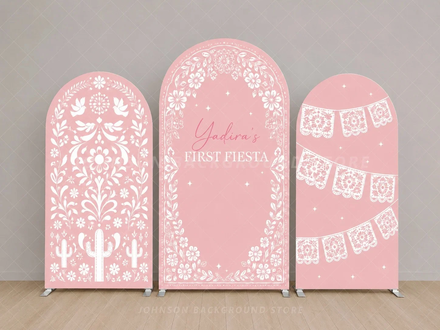 Custom Pink First Fiesta Birthday Arch Backdrop Cover Mexican Papel Picado Cactus Floral flower Three Panel Girls Background
