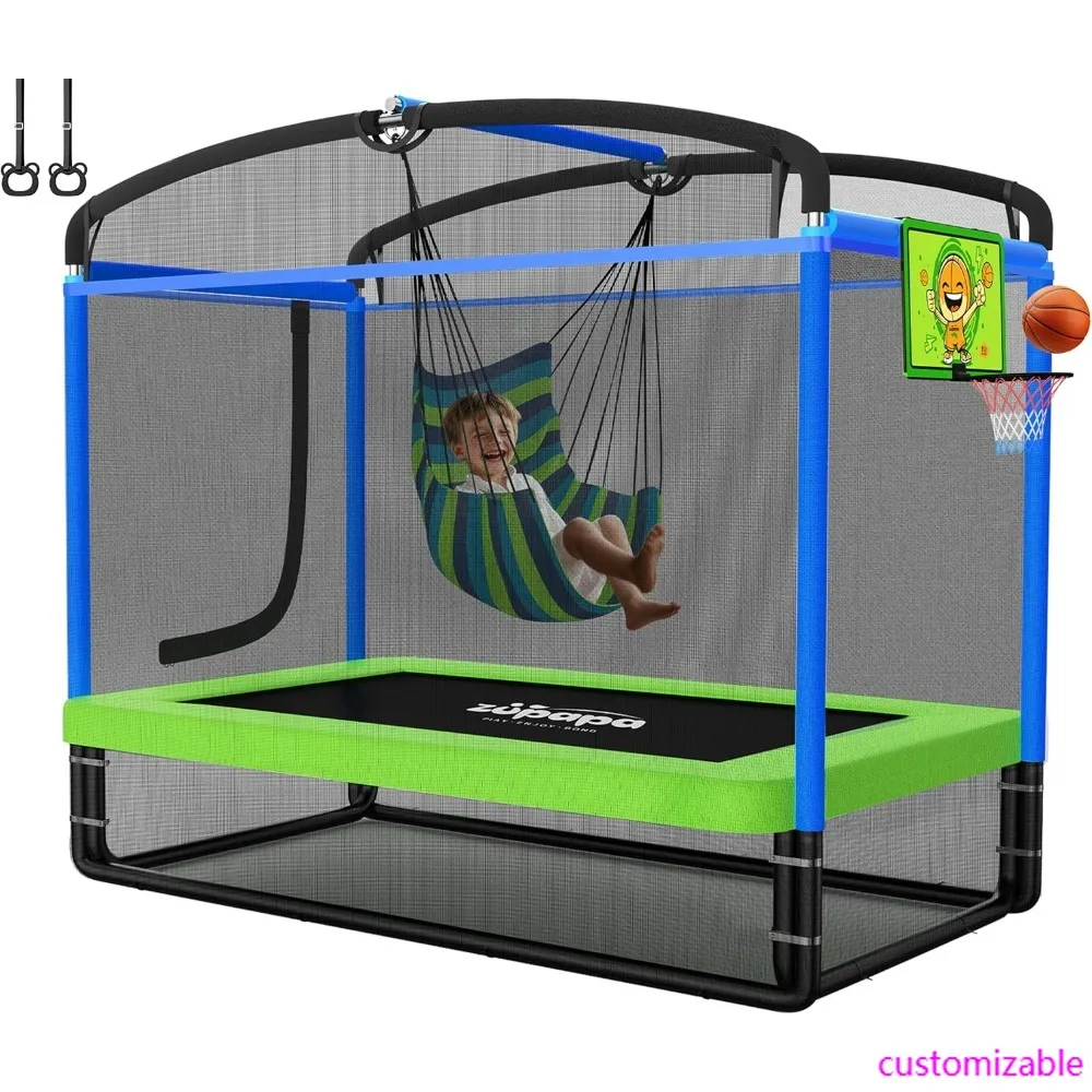 2025-Neues 5-in-1 rechteckiges Kindertrampolin 6FT mit Hängemattenstuhl, Basketballkorb und Sicherheitsnetz – Hochleistungs-Square für den Innen- und Außenbereich