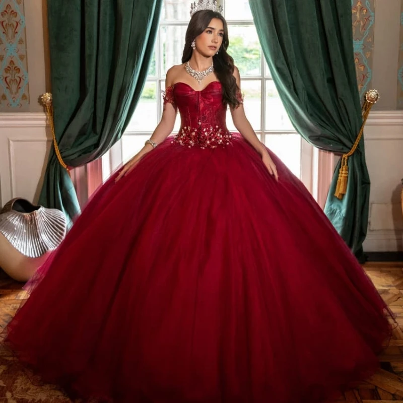 

Red Shiny Princess Sweet 16 Quinceanera Dresses Off The Shoulder Beads Crystal Tull Corset Party Birthday Vestido De 15 Anos