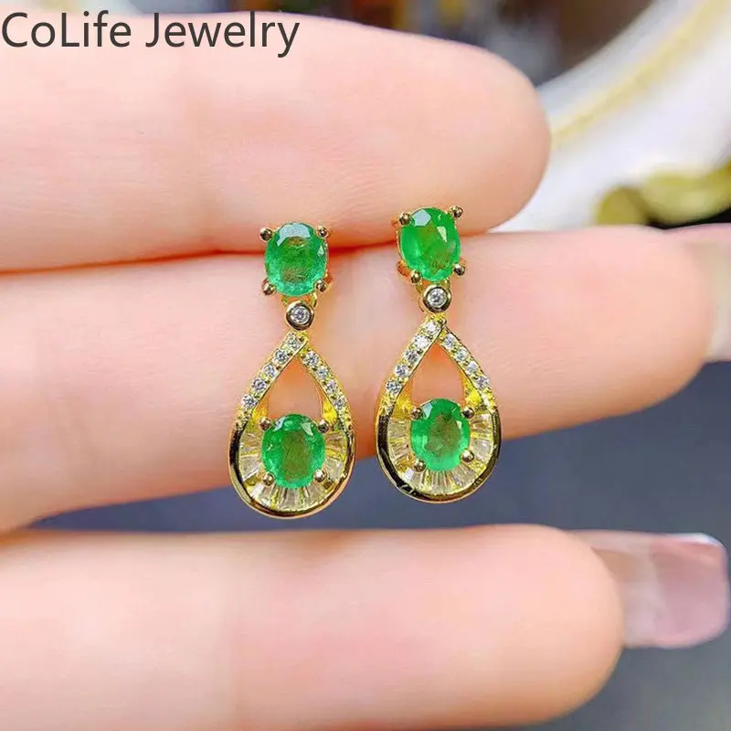 

Elegant Emerald Drop Earrings for Daily Wear Total 0.48ct Natural Emerald Silver Earrings with 3 Layers 18K Gold Plating