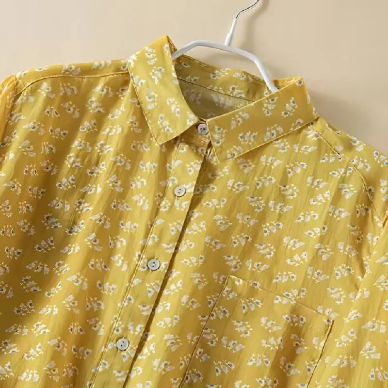 여성용 면 및 린넨 프린트 노란색 드레스