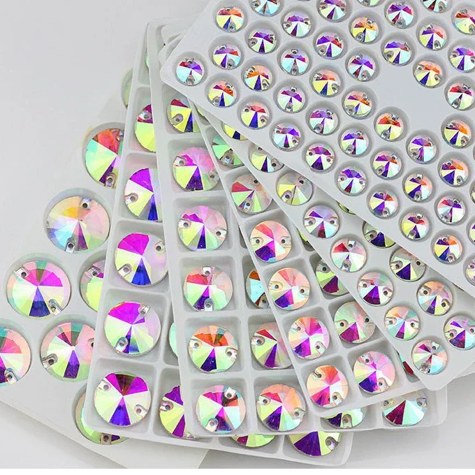 Wholesale Crystal AB Rivoli Sew On Stone Flatback 2holes 8,10,12,14,16,18mm Round Glass Sewing Crystal Beads Dress Making