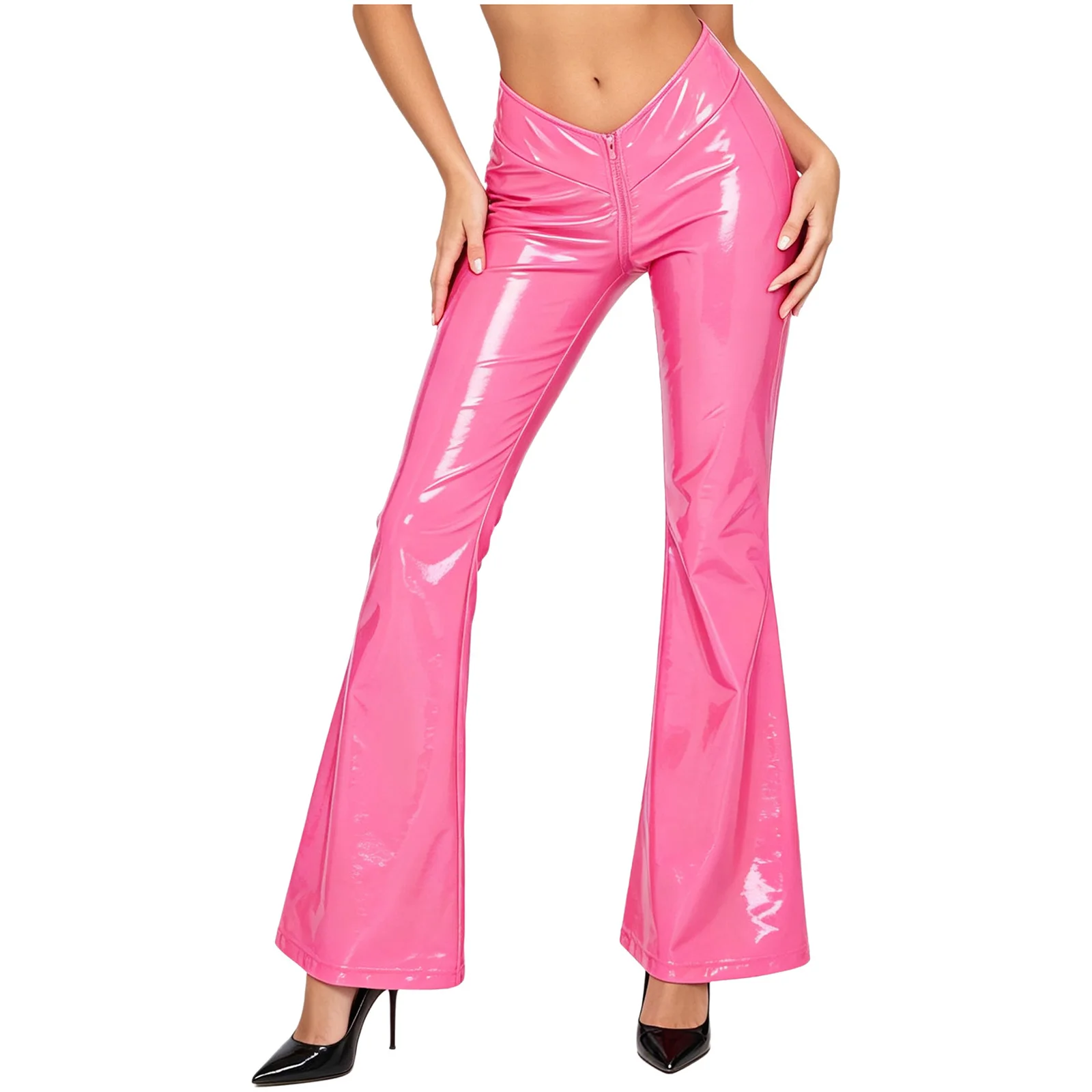 Womens Glossy Patent Leather Flared Pants V-front Zipper Crotch Bell-bottom Trousers for Stage Show and Concert Performance Wear