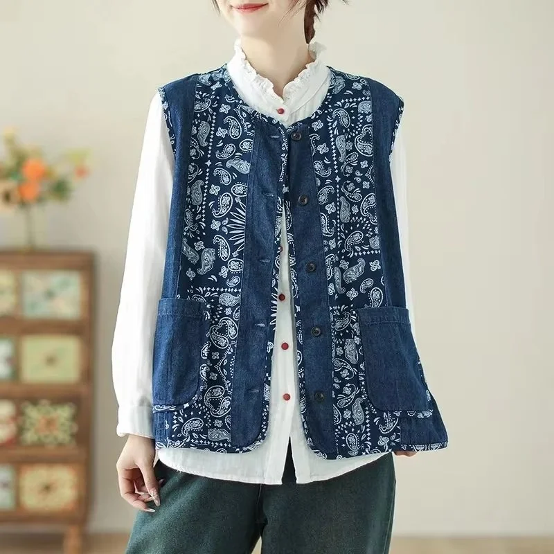 

Spring Summer Cowboy Vest Coat Women's Single Row Buckle Sleeveless Leisure Ladies Vest Fashion Printing Versatile Waistcoat