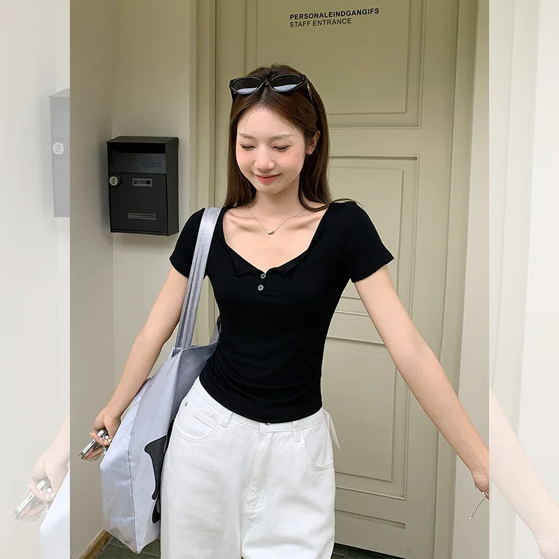 Korean Style Irregular V-Neck Button Short Sleeve T-Shirt for Women 2025 Early Summer New Ruched Slim Waist Top