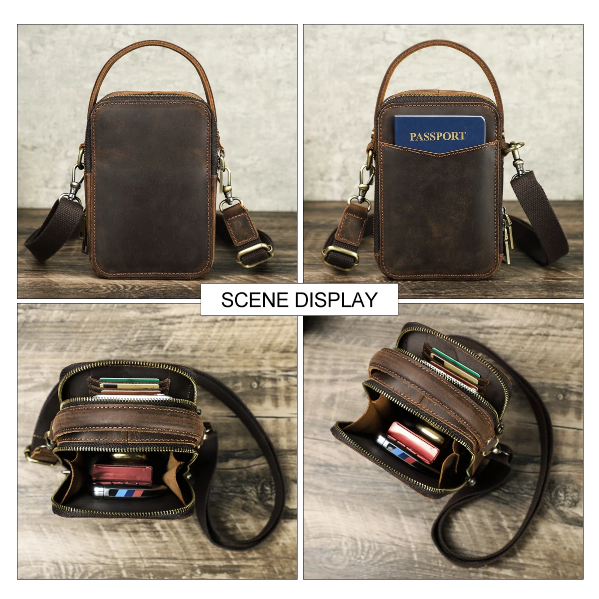 Men's Genuine Leather Phone Pouch Belt Bag iPhone 16 15 14 13 12 11 Pro Vintage Shoulder Crossbody Waist Pack Mens Mini Bag