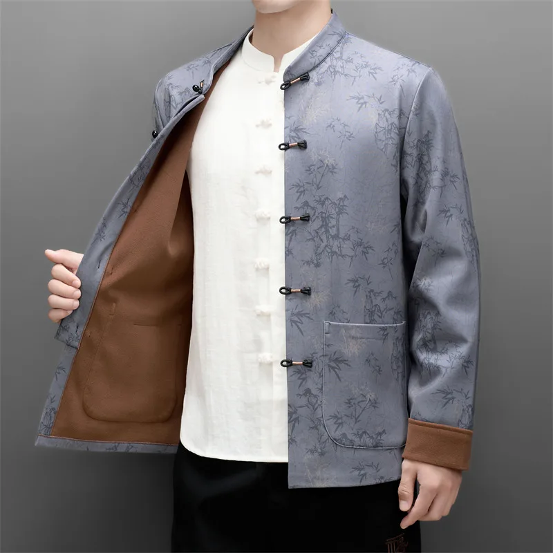 Thick Tang Costume Shirts For Men Long Sleeve Frog Button Casual Winter Fleece Quality Soft Comfortable Luxury Camisas De Hombre