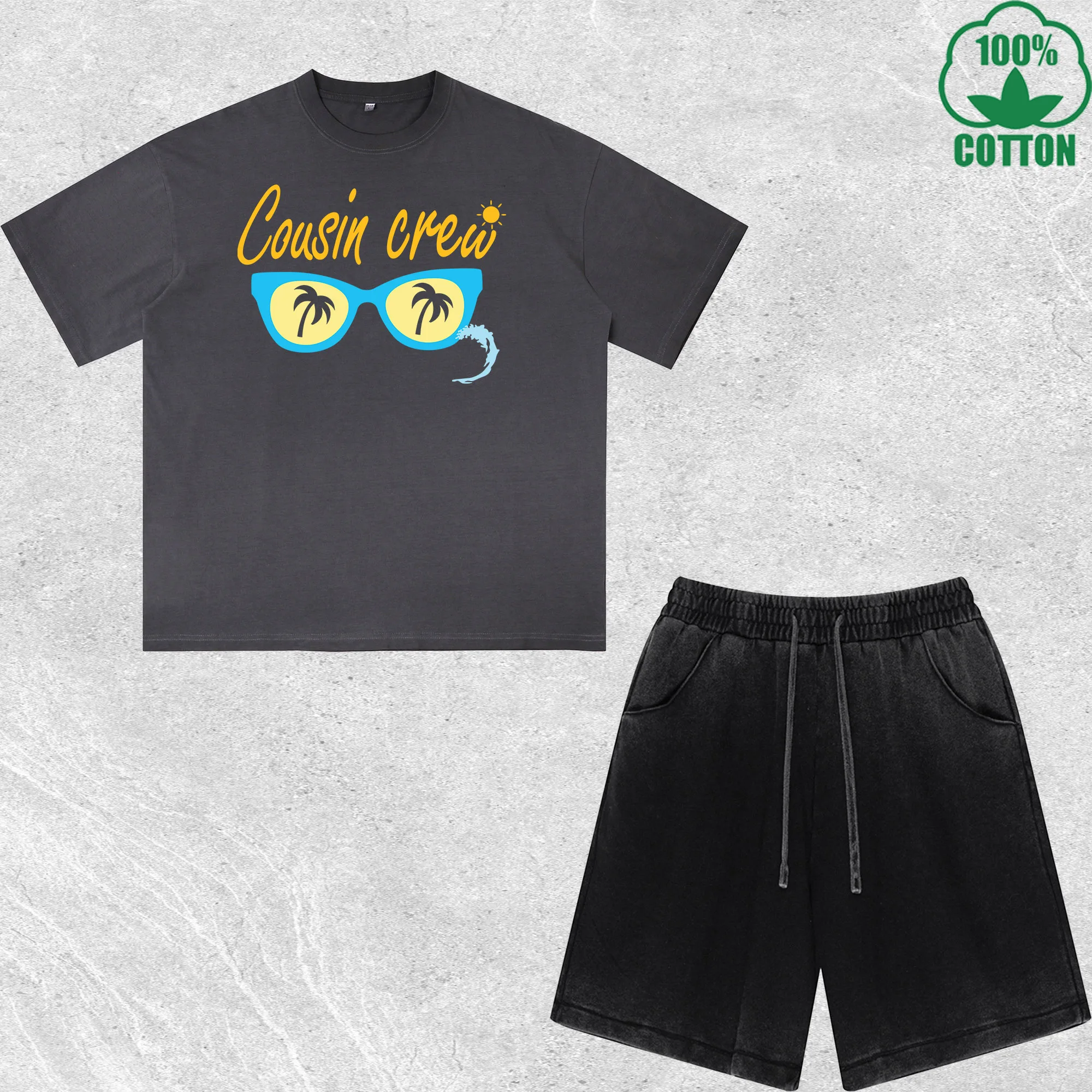 

Cousin Crew Printed Dirty Wash T-Shirt Shorts Set Multicolor Combo Loose Trendy Fashionable 100%Cotton