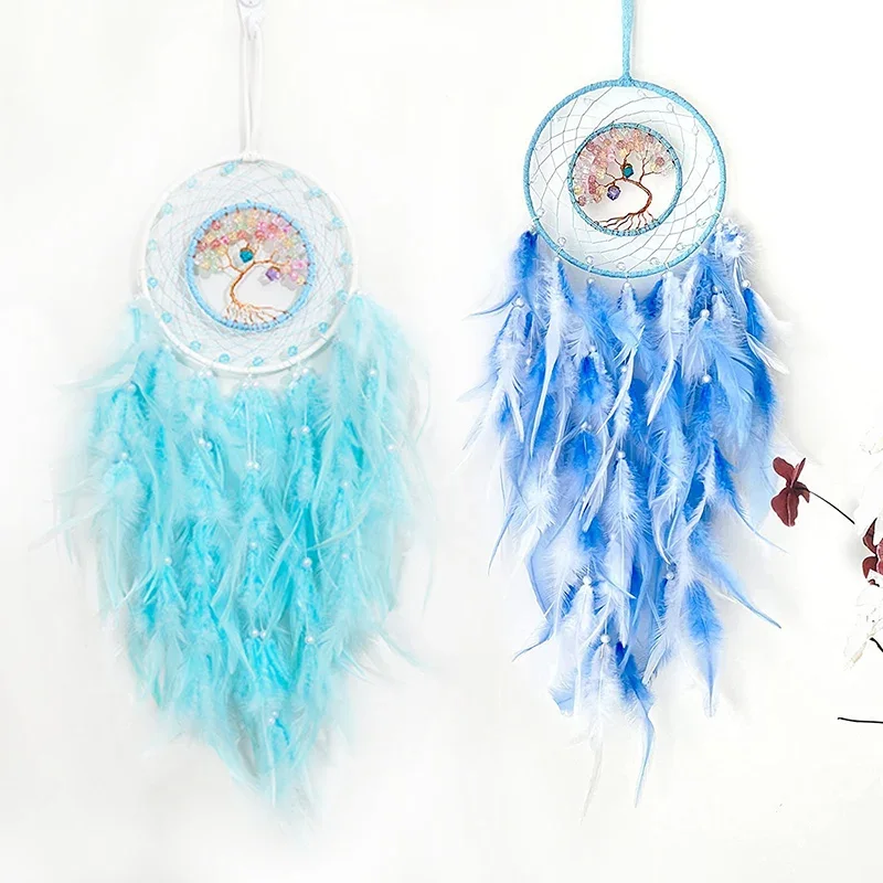 Sky Blue Feather Dream catchers Handmade Tree Of Life Dream Catchers Ornaments Wall Hanging Gravel Craft Home Decor Dreamcatcher