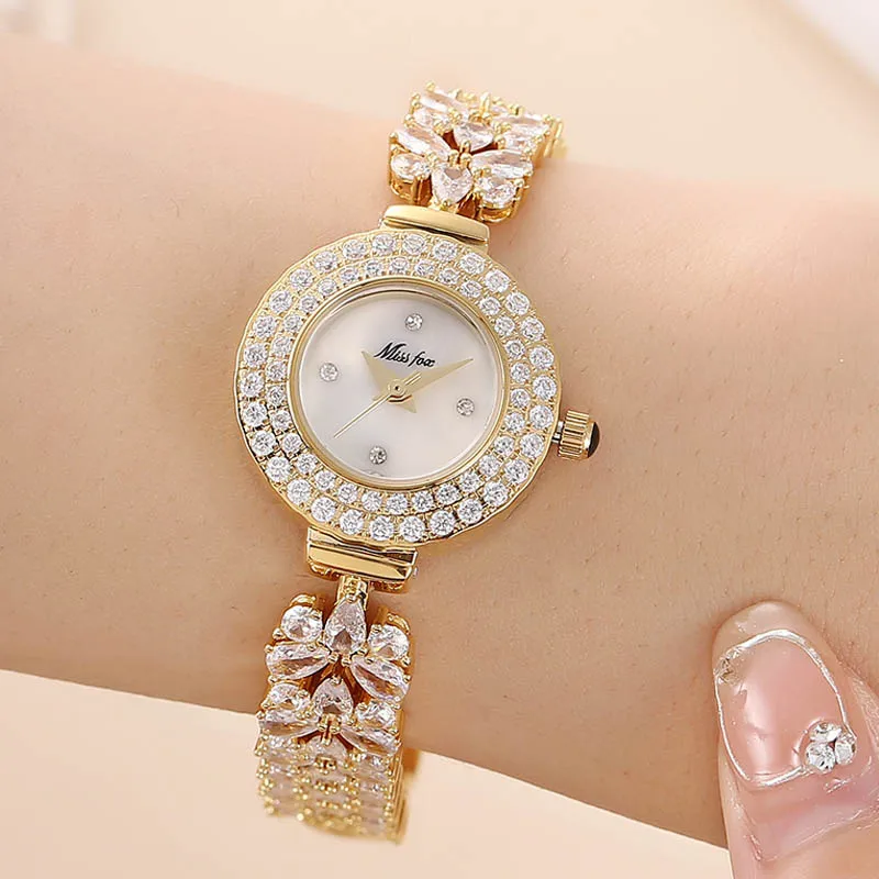 Gold Women\'s Watches Luxury Classic Watch for Women Elegant Big Zircon Bracelet Female Quartz Wristwatch Hip Hop Ladies Watches