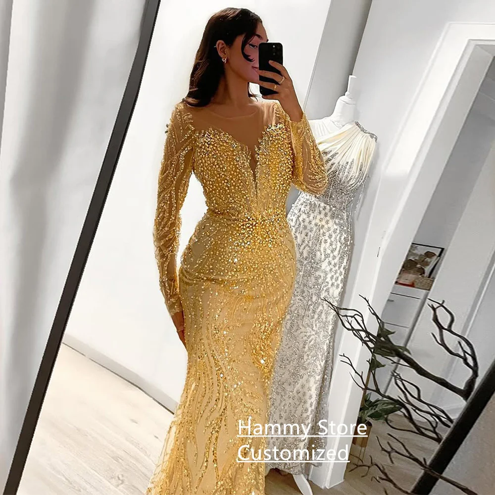 Sparkling Mermaid Evening Dress Customized V Neck Long Sleeves Beading Sweep Train  Pearls Robe De Soiree Prom Party Gown image 4