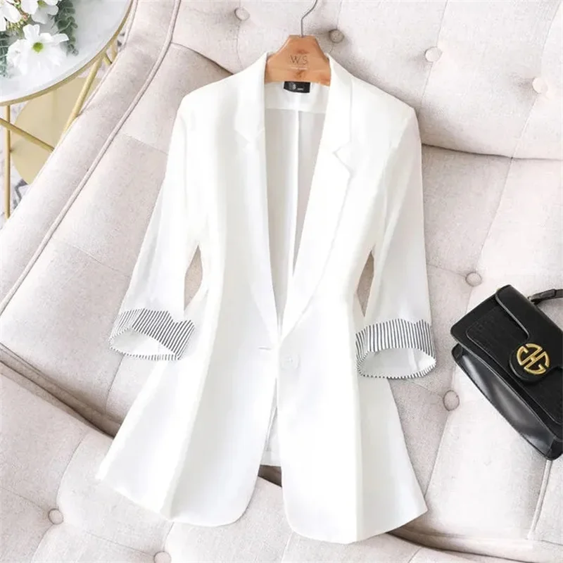 Spring Summer 2024 New Fashion Women Coat Half Sleeve Suit Office Ladies Jacket Overcoat Female Blazer Thin White Top Cardigan