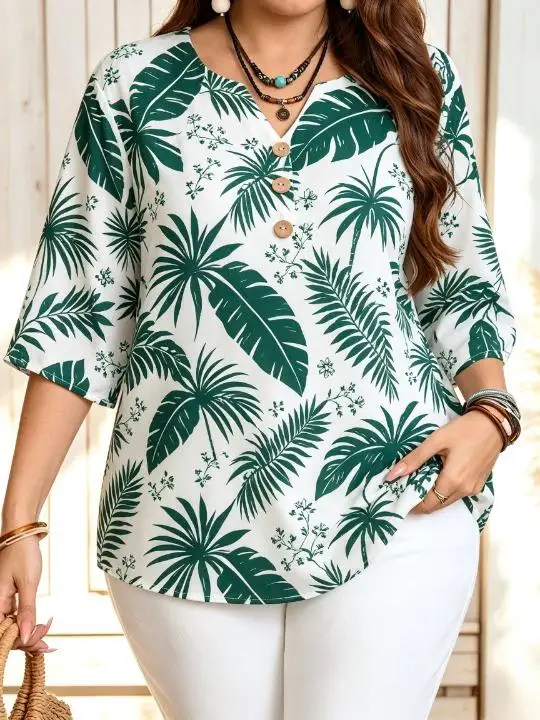 Plus Size Women Print Blouse Notch V Neck 3/4 Sleeve Three Decor Buttons Loose Lightweight Casual Daily Holiday Tunic Shirt