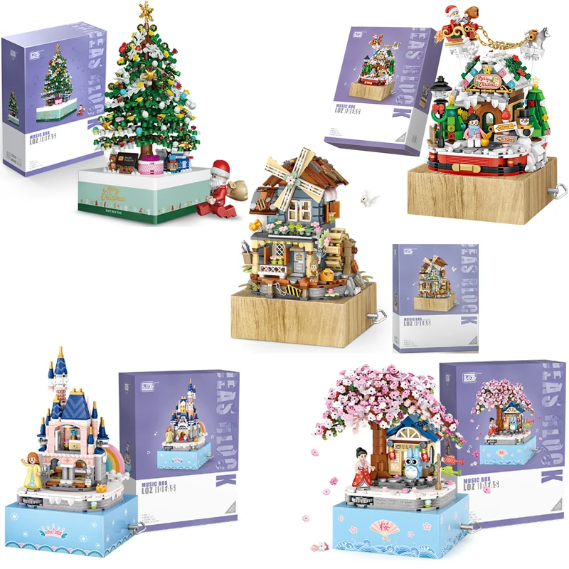 Mini blocos de construção casa de natal árvore moinho de vento casa castelo sakura caixa de música quebra-cabeça decoração diy brinquedos presente para crianças