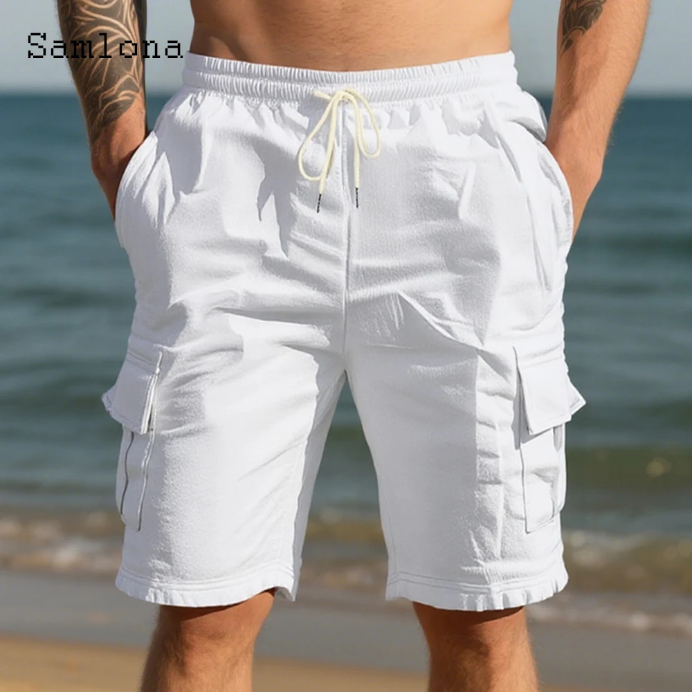 

2025 мужские повседневные льняные пляжные шорты с карманами-стойкой, однотонные белые, серые легкие шорты, мужские полубрюки больших размеров на шнурке, новые
