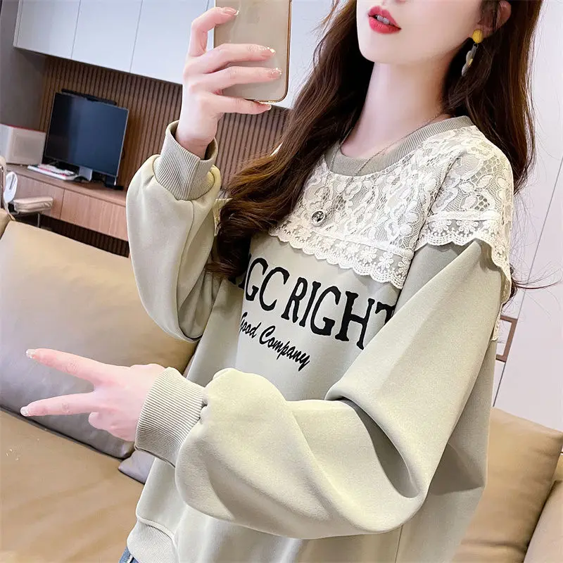 Lace Patchwork Round Neck Hoodie for Women Thin Design New Korean Version Loose and Niche Design Trendy Western Style Top