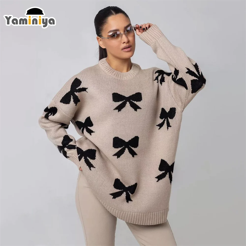 Yaminiya Winter Strik Grafische Schattige Zwarte Truien Vrouwen Losse Lange Mouw Gebreide Casual Basic Outwear Herfst Pullover Elegant