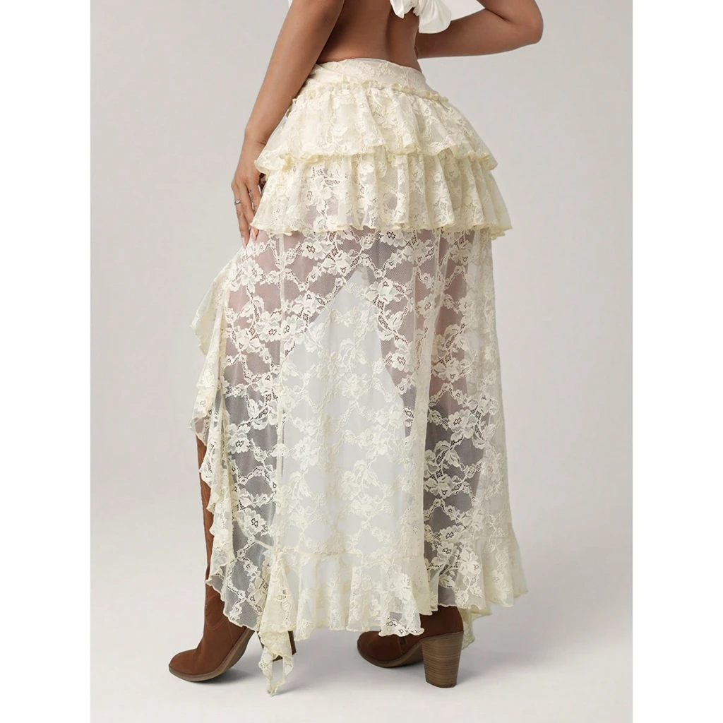 Gonne di colore solido da donna con ricamo in pizzo bohémien Gonne lunghe trasparenti premium a strati asimmetriche