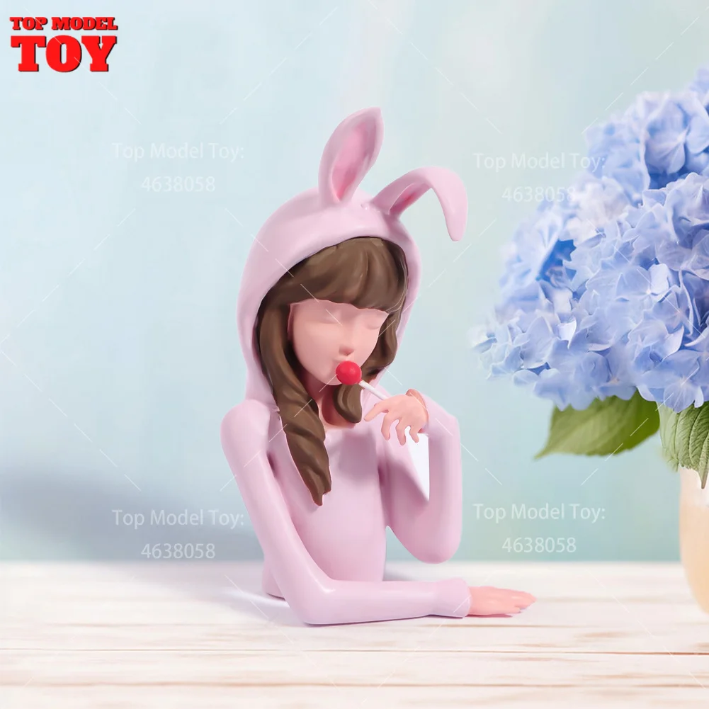 Painted Miniatures 1/18 The Rabbit Girl Eating Lollipops Animal Female Scene Figure Doll Unpainted Model For Car Vehicles Toy