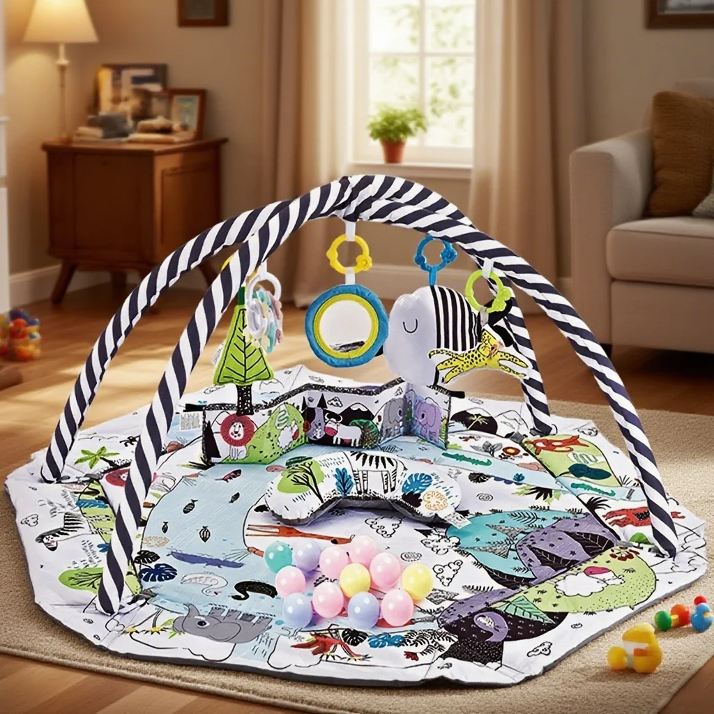 Tapete de Atividades para Bebês com Brinquedos Pendurados e Bolas de Oceano, Tapete de Brincar com Cerca para Bebês, Tapete de Jogo Educacional