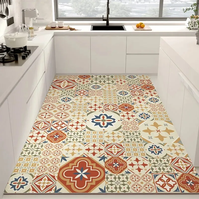 Kitchen Floor Mat Washable Waterproof Non-slip PVC Leather Easy Clean Rugs Vintage Tile Home Decor Balcony Carpet AlFOMBRA 양탄자