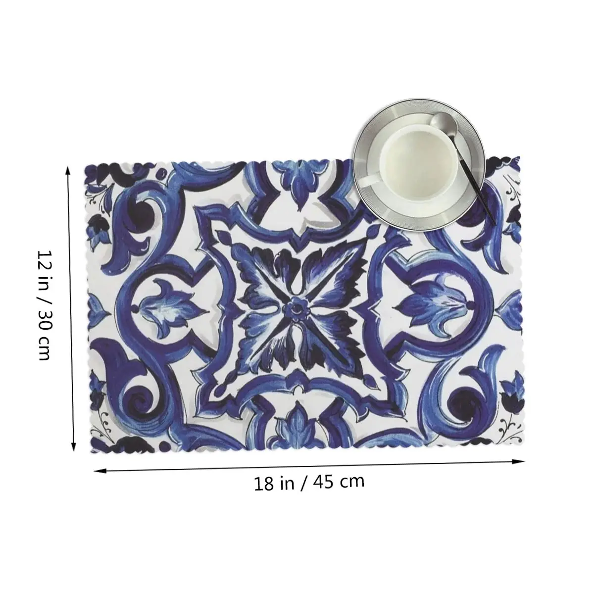 Blue Ornate Floral Mediterranean Sicilian Tile Placemat Washable Plate Mat for Dining Table Bowl Coaster Decor Absorbent Mats
