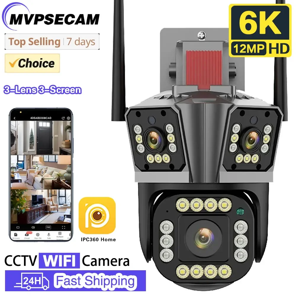 

6K 12MP WiFi Camera Three Lens Three Screens Outdoor Home Security Camera Auto Tracking P2P PTZ Camera Video Surveillance 360